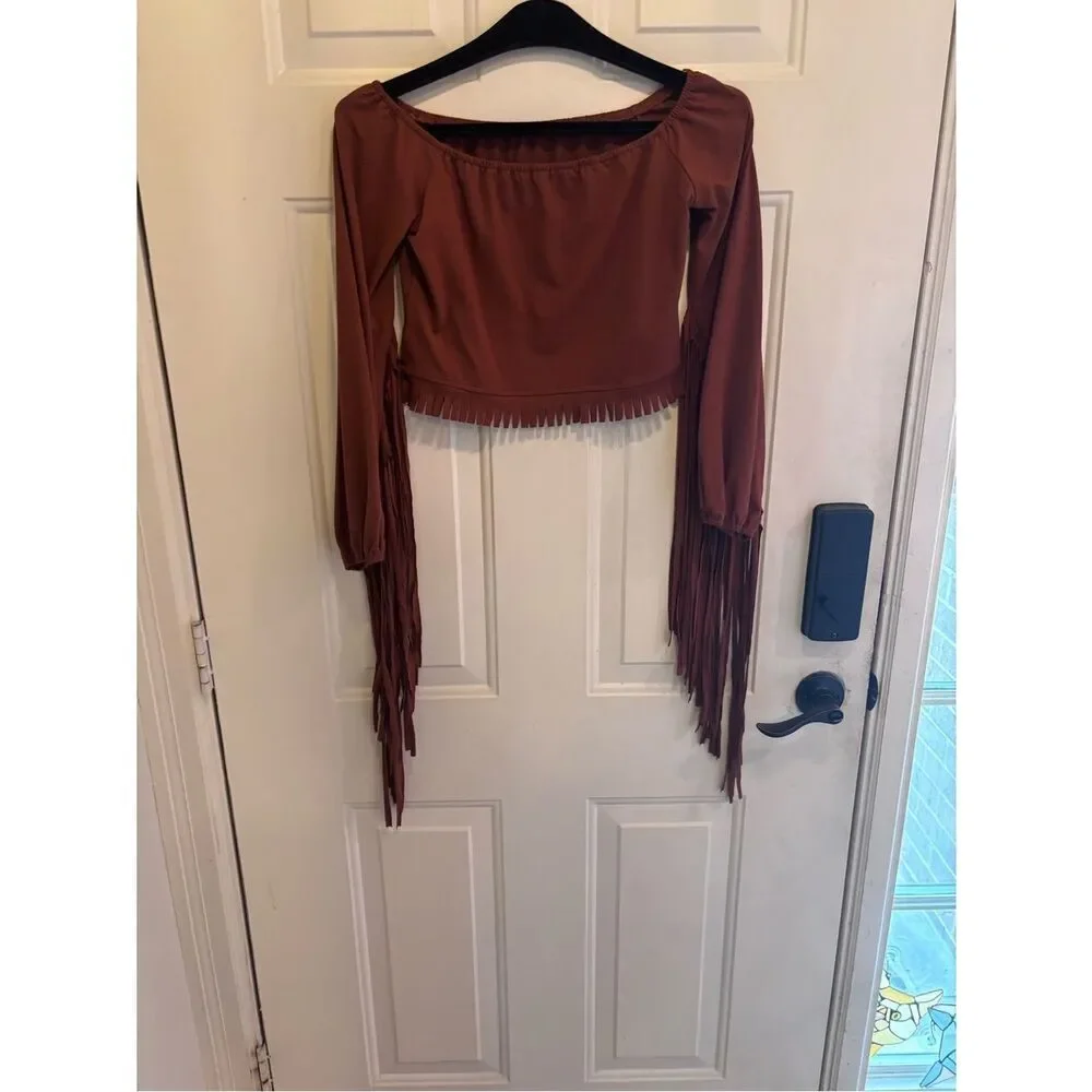 Anthropologie Rust Brown Off-Shoulder Fringe Bell-Sleeve Crop Top